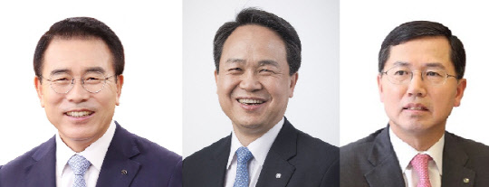 왼쪽부터 조용병 신한금융지주 회장, 진옥동 신한은행장, 임영진 신한카드 사장.